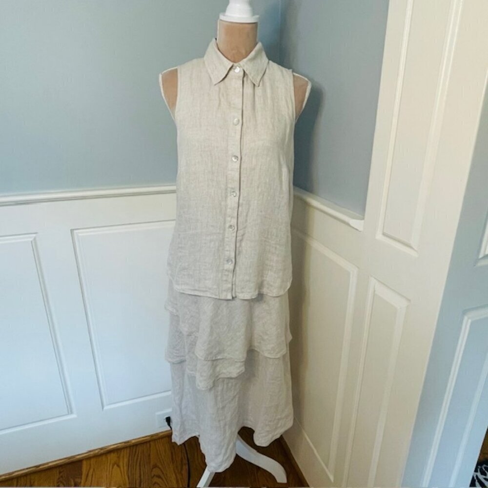 FINLEY 100% Linen Tiered Jasmine Midi Shirt Dress Natural Tan Small - Picture 2 of 10